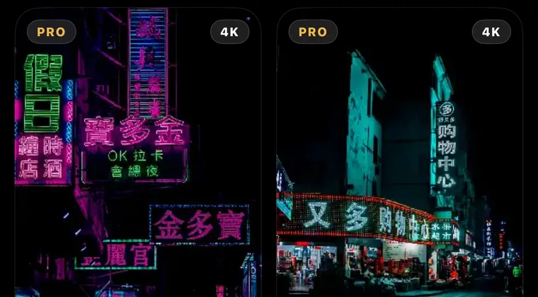 The 4K category in the app: neon city streets, marked Pro and 4K.